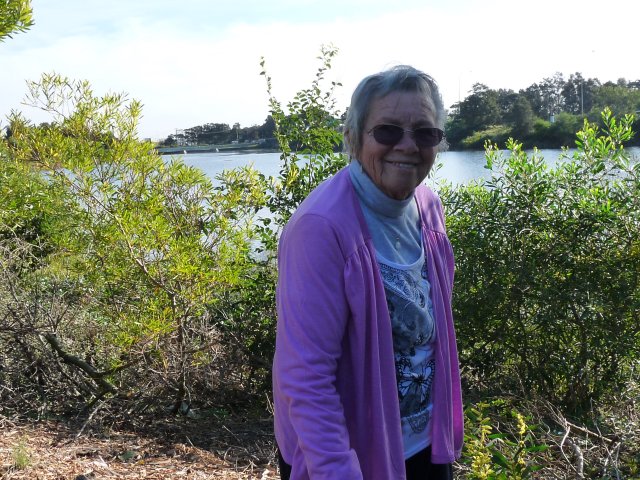 Margaret Slowgrove at site of childhood swimming hole, Botany (swamps near Airport)